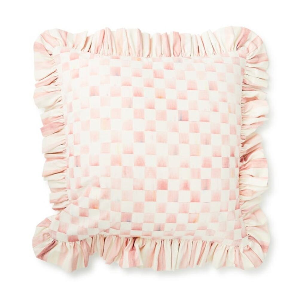 NEW Mackenzie Childs Rosy Check Ruffle Throw Pillow 20x20 Chic Pink White Home